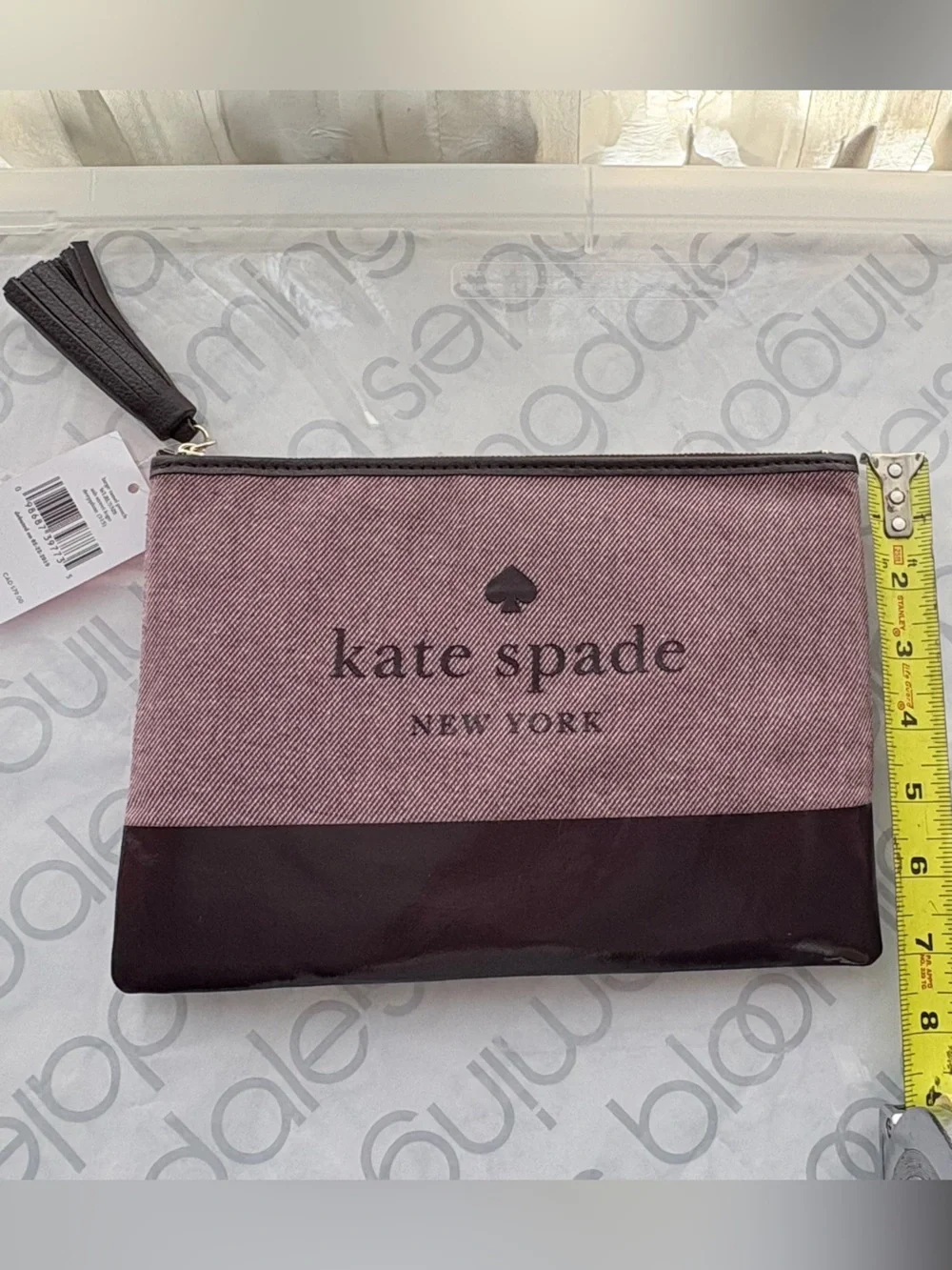 Pink and Brown Canvas Leather Zip Pouch Kate Spade Ash St. Logo Large Tassel